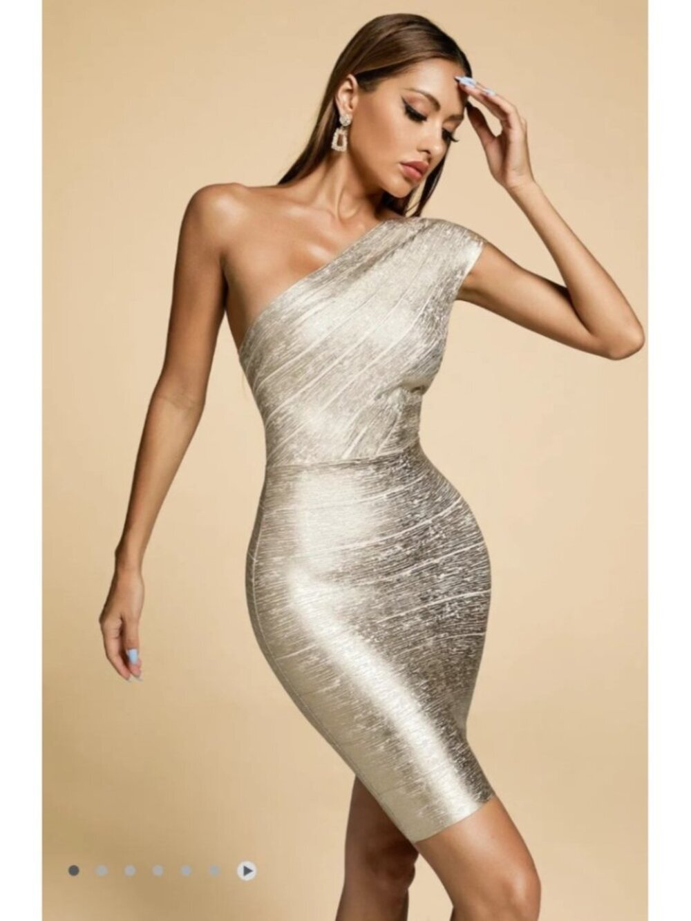 Mushii Gold Metallic One Shoulder Bandage Mini Dress Sz 2 Party Cocktail Bodycon
